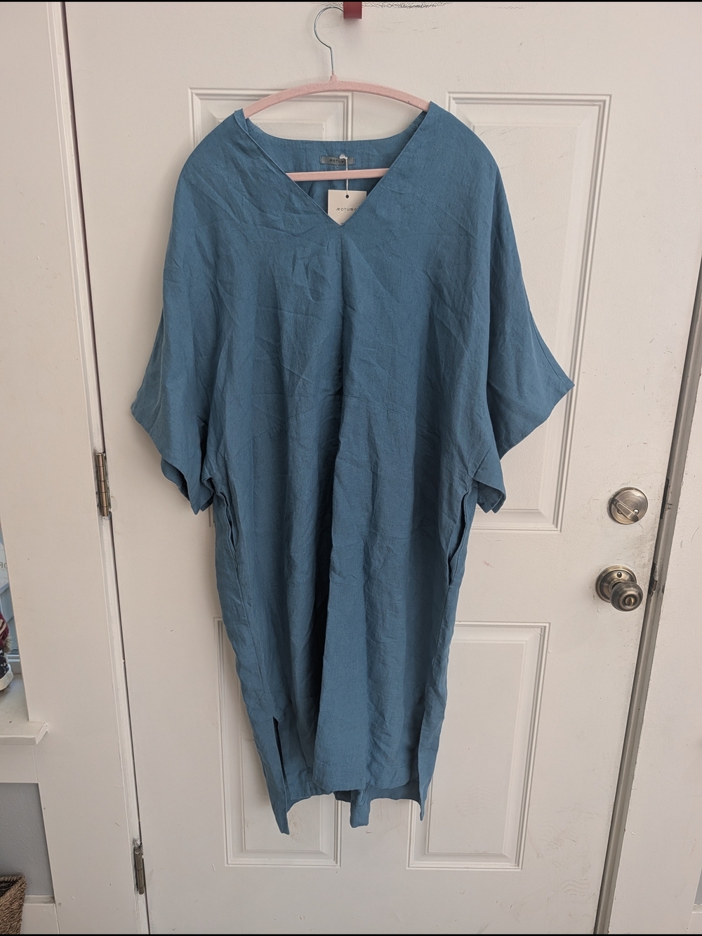 Motumo Blue 100% Linen V-Neck Kaftan Dress Oversized Midi XL NWT